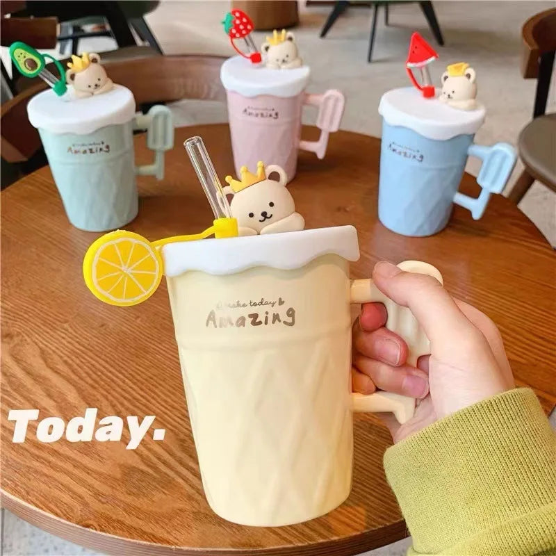 Wholesale Lovely Delicate Ceramic Coffee Tea Cup with Straw Lid for Family Hotel Restaurant Parties
