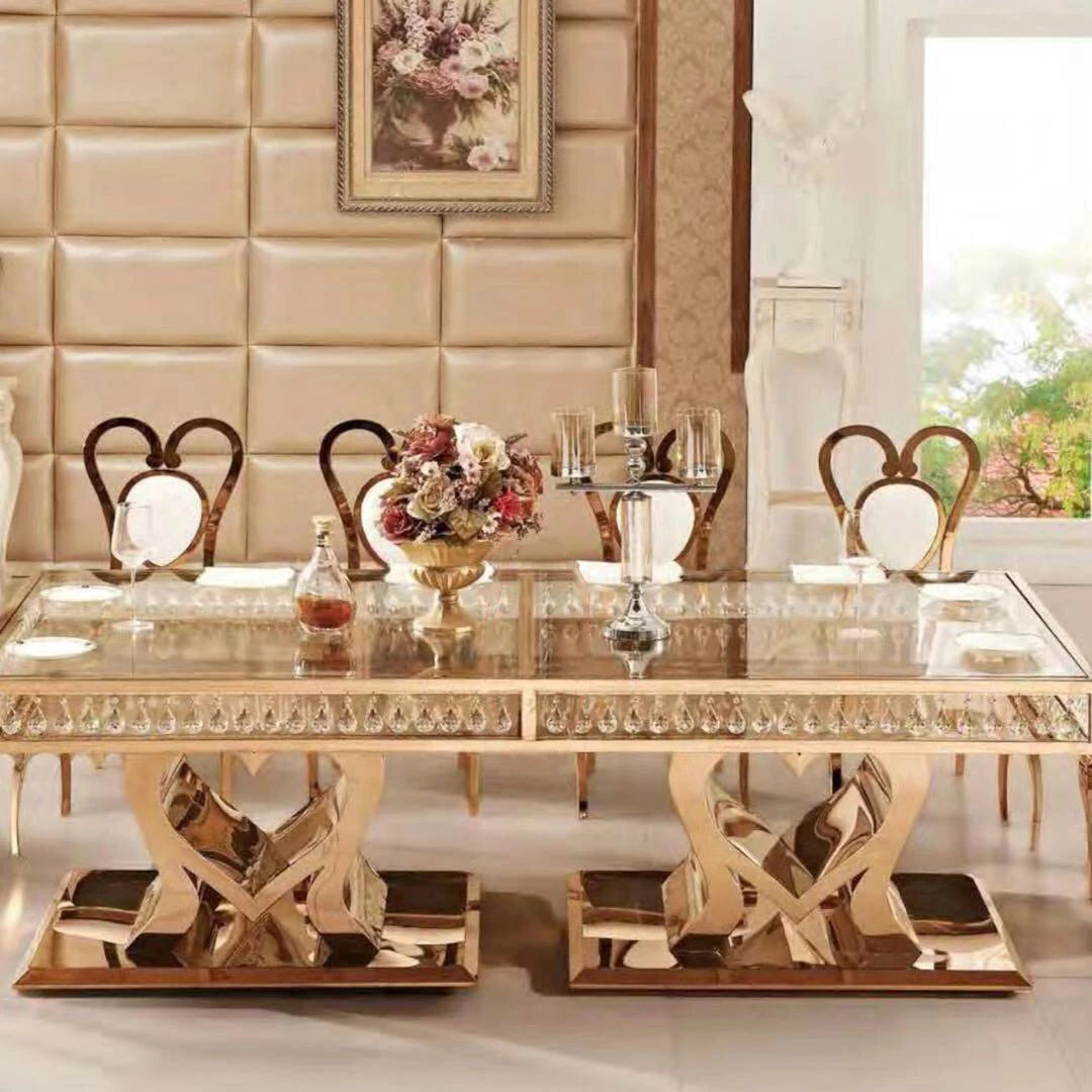 Luxury Wedding Dining Tables Sets Gold Metal Stainless Steel Frame Marble Stone Rectangular Table Modern Dining Room Furniture