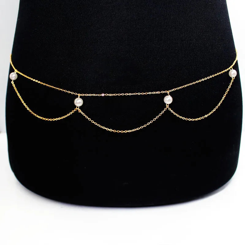 18K Gold Plated Stainless Steel Body Chain Vintage Imitation Pearl Multilayer Wave Waist Chain Sexy Belly Button Chain-for Gift