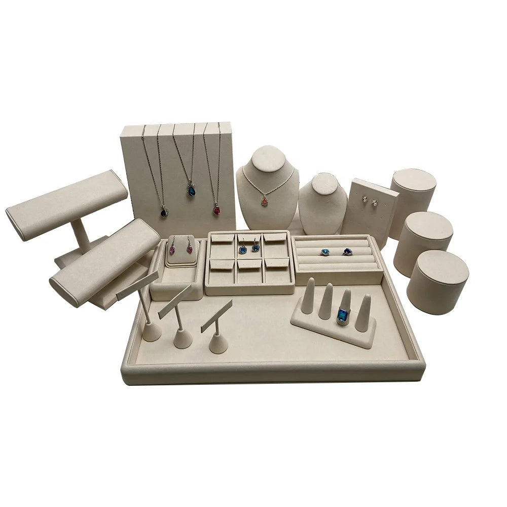 Factory Custom Beige Microfiber Luxury Jewelry Tray Stand Low MOQ Set Display Props Container