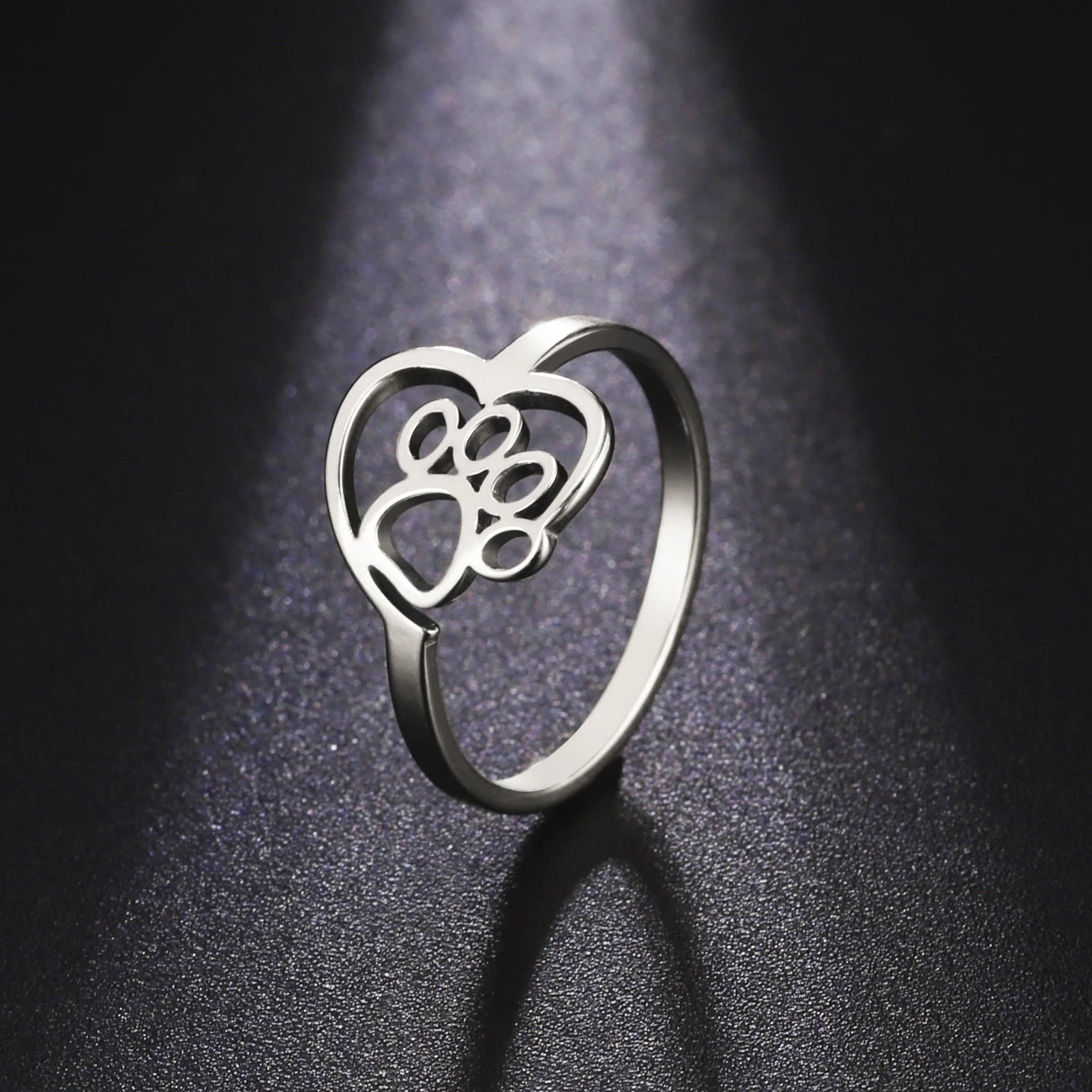 Cute Stainless Steel Cat Pet Footprint Ring Real 18K Gold Plated Hollow Out Heart Ring Cat Jewelry Gifts for Women Men