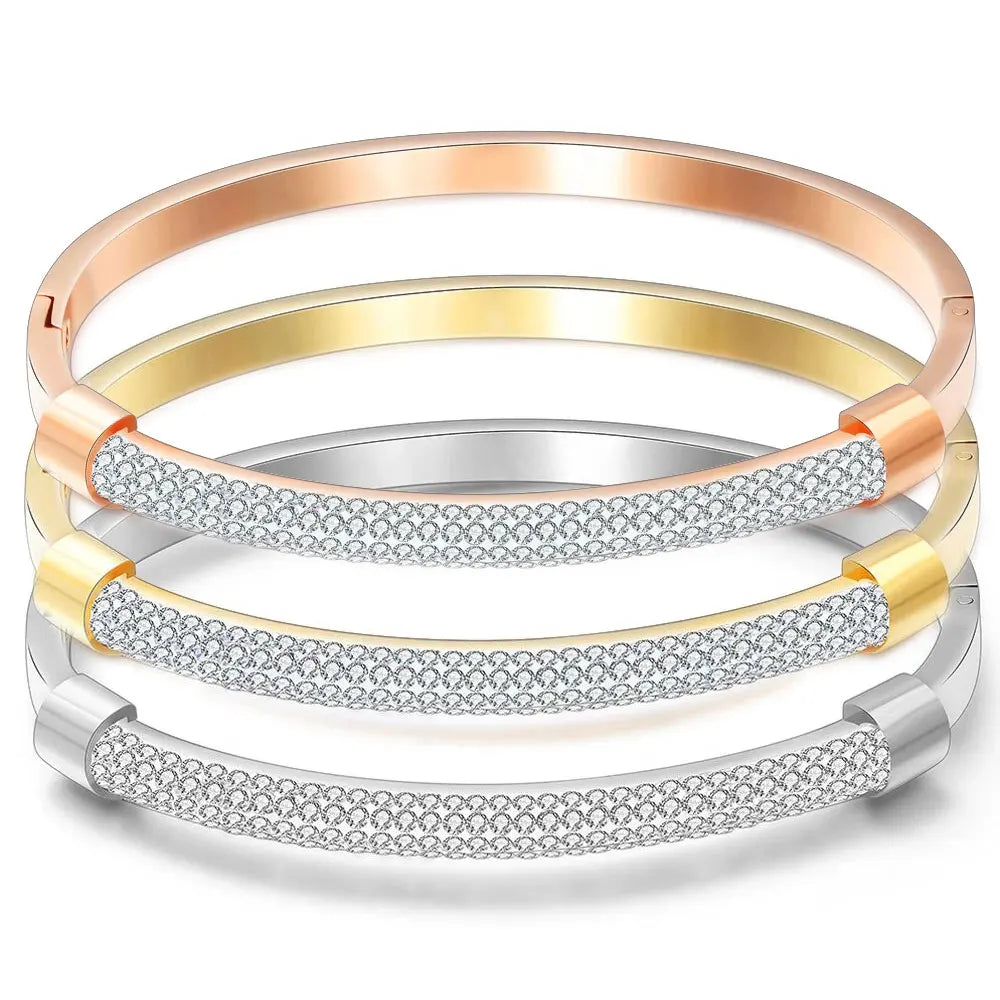 High Quality Stainless Steel Bracelet Three Colors Stainless Steel Charm Crystal Bangle Bracelet for Women MegaBDM