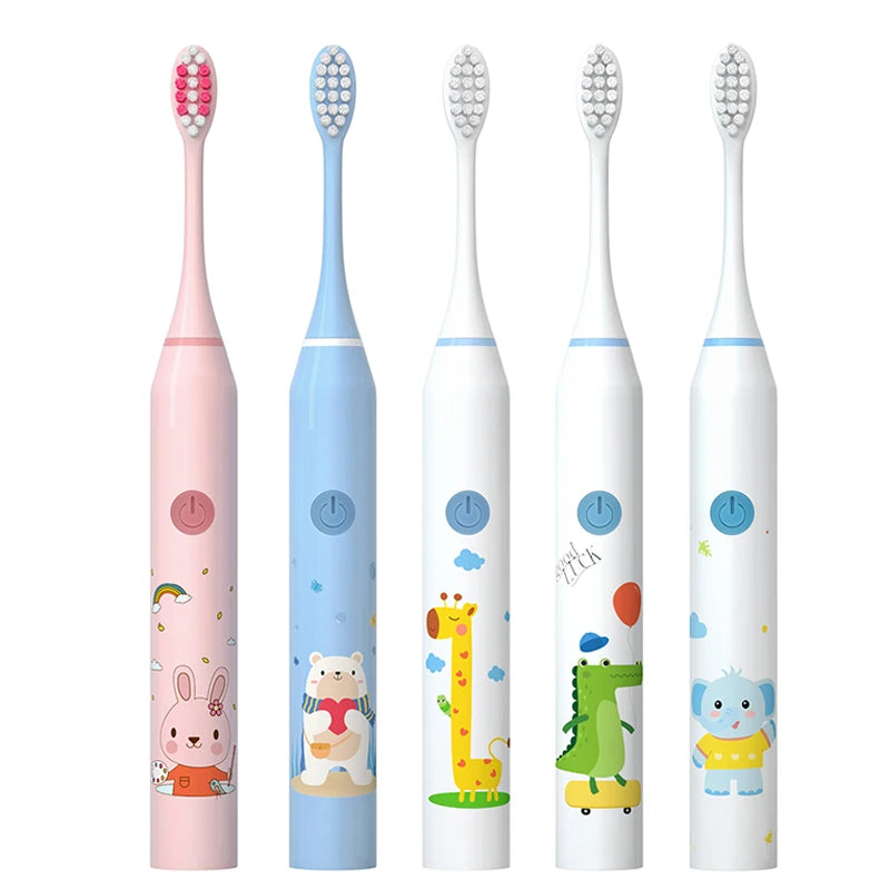 Rechargeable IPX7 Waterproof 5 Cleaning Modes Silicone Bristles for 3-15 Year Children's Electric Toothbrush