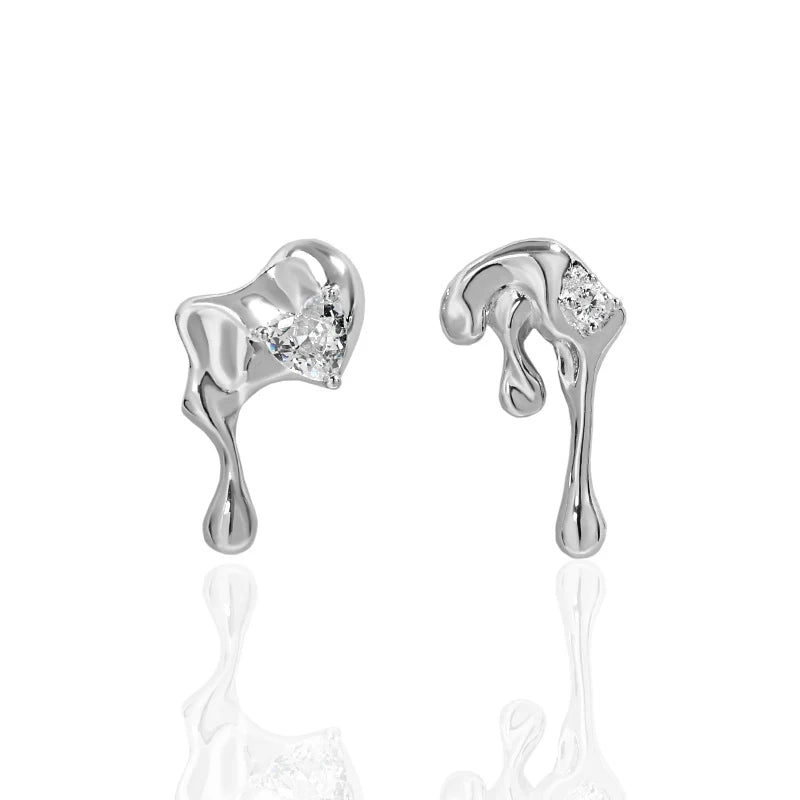 WMEA617 18K Gold & 925 Sterling Silver Dripping Irregular Zircon Stud Earrings Lava Texture Abstract Silver Drip Earrings Trendy