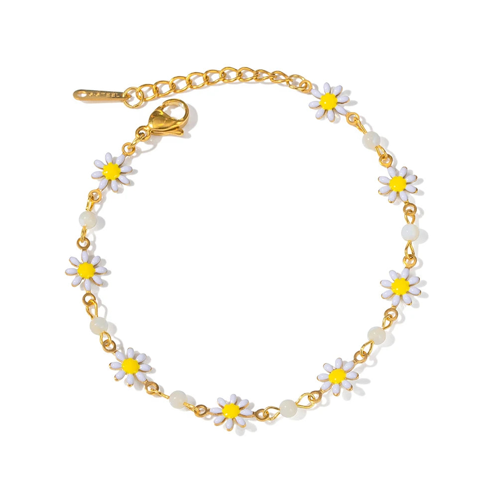 Little Daisy White Dropped Oil Pearl 18K Gold-plated Stainless Steel Flower Bracelet for Women