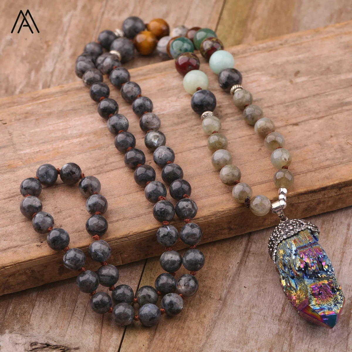 Designer Boho Style Mala Necklace with Rainbow AB Crystal Pendant Titanium Coated Healing Necklaces for Wedding Party and Gift