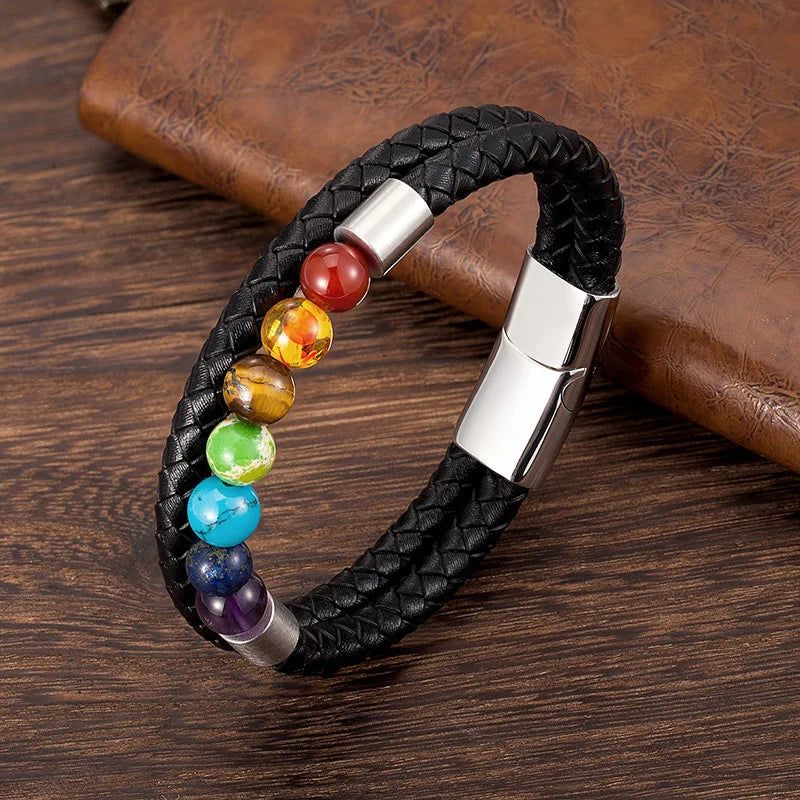 New Design Stainless Steel Magnetic Clasp Bracelet Natural Colorful Stone Genuine Leather Bracelets for Men Jewelry