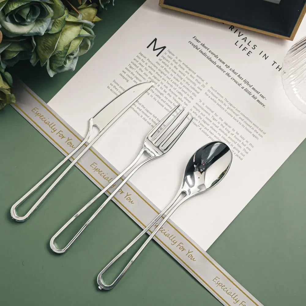 XUELI Custom Hollow Handle Cutlery Gold Silver Disposable Flatware Banquets  Events Lightweight PS Knife Fork Spoon 25PCS/Bag