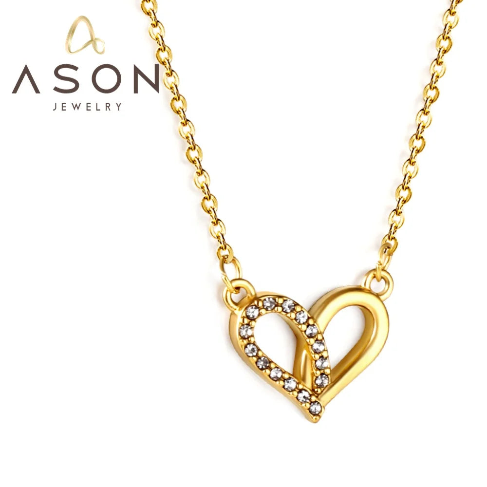 Ason New Trendy Korean Crystal Stone Zircon Necklace Waterproof Stainless Steel Jewelry Women Crystal Heart Pendant Necklace
