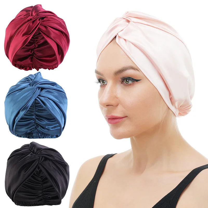 Double Layer Sided Pre Tied Twisted Turban Elastic Hair Care Head Wrap Night Cap Silk Satin Bonnet for Women
