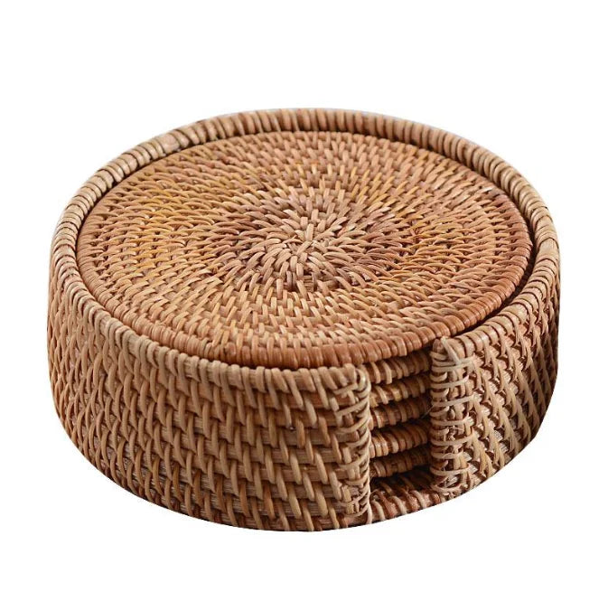 Natural Hand Woven Rattan Eco-Friendly Modern Cup Holder Coaster Heat Insulation Table Mat for Coffee Tea Minimum Order 2 Pcs