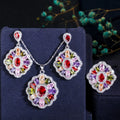 3pcs Vintage Ethnic Cubic Zirconia Jewelry Sets Multi Colored Bohemian Big CZ Crystal Ring Necklace and Earring for Ladies Party