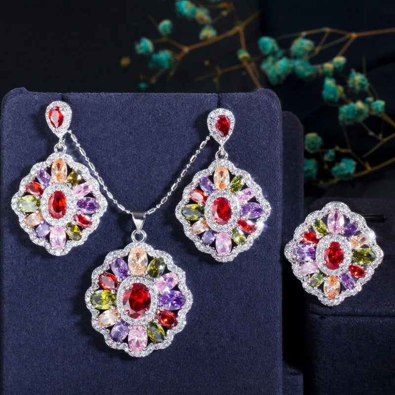 3pcs Vintage Ethnic Cubic Zirconia Jewelry Sets Multi Colored Bohemian Big CZ Crystal Ring Necklace and Earring for Ladies Party