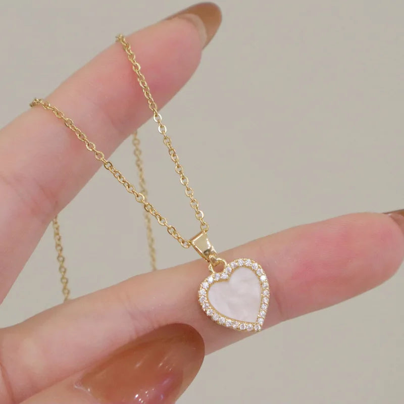 Double Side Micro Pave Cubic Zircon Heart Necklace Stainless Steel Bling Diamond CZ Heart Necklace for Women