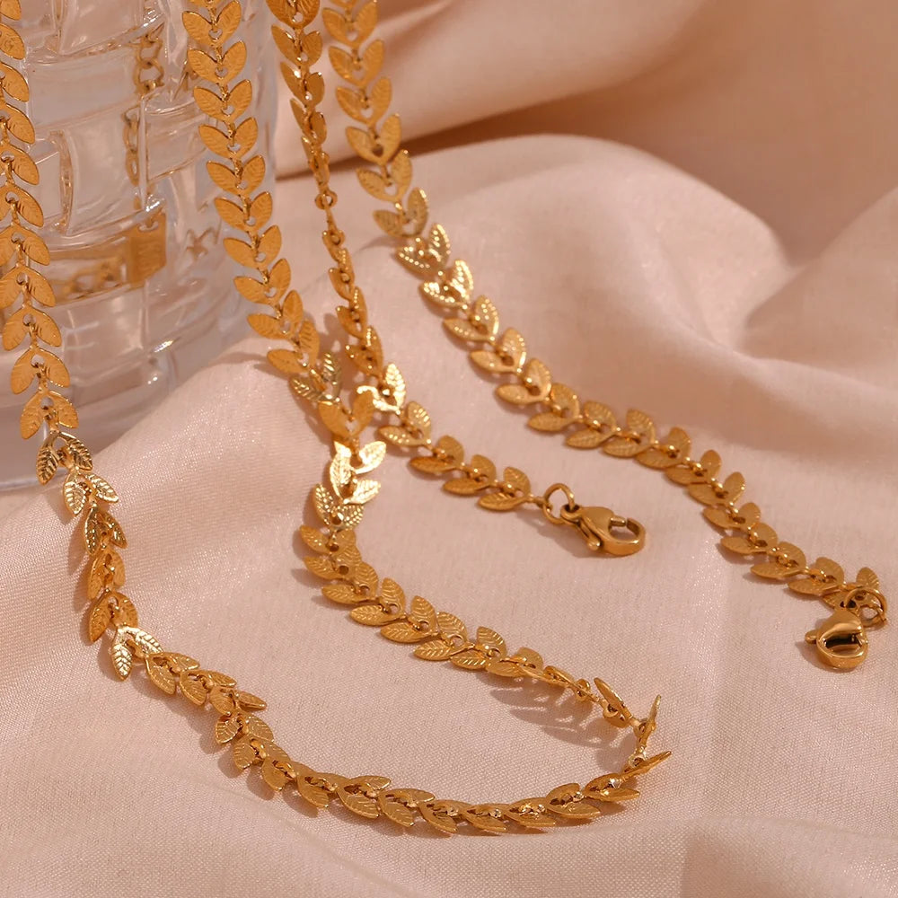 PVD Gold Plated Vintage Link Chain Necklace Stainless Steel Jewelry Set with Leaf Shape for Wedding Party or Gift