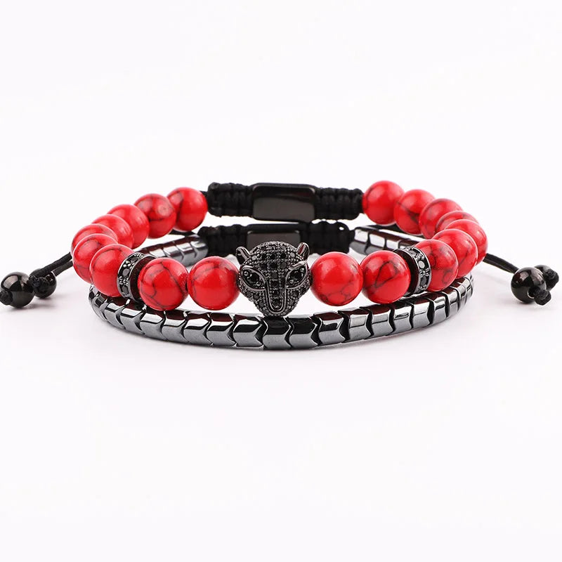 Renting Jewelry New Design Red Turquoise Stone Hematite Beads CZ Leopard Charms Macrame Adjustable Bracelet Men
