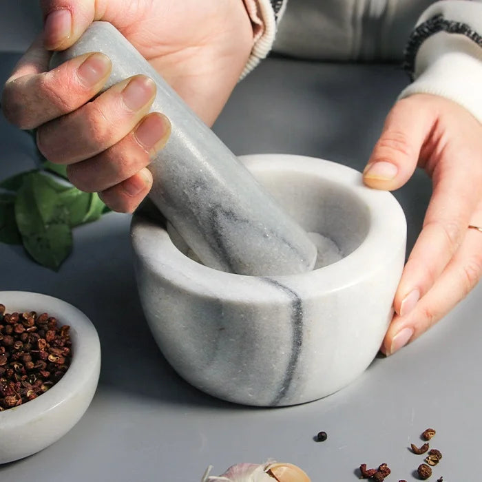 JINSTAR Mini Natural Marble Stone Grey Mortar Pestle Set Eco-Friendly for Crushing and Pounding Ingredients in Home Kitchen Use