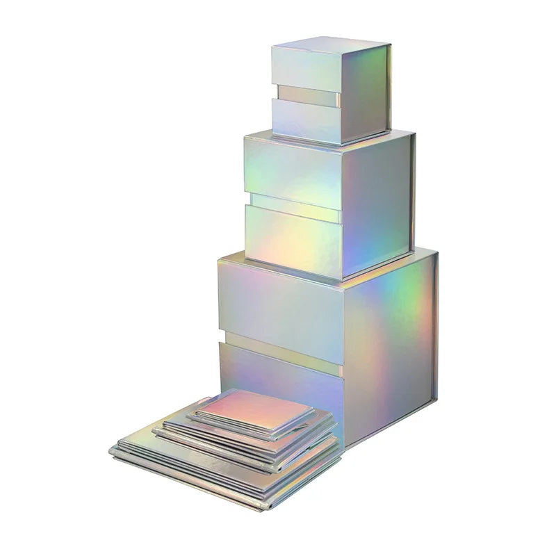 Luxury Holographic Silver Magnetic Folding Cardboard Gift Box Embossed for Nail Polish Oil Face Cream Premium Paper Packaging
