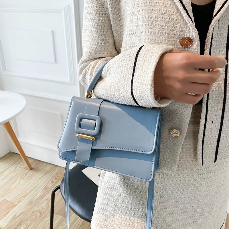Ladies Fashion Handbag Small Square Shoulder Crossbody Bag Solid Color PU Leather with Button Decoration