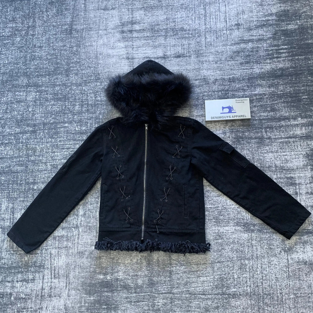 DENIMGUYS Clothing Manufacturer Custom Eyelet Straps Raw Hem Cotton Men's Detachable Faux Fur Hood Zip up Jackeyt for Men