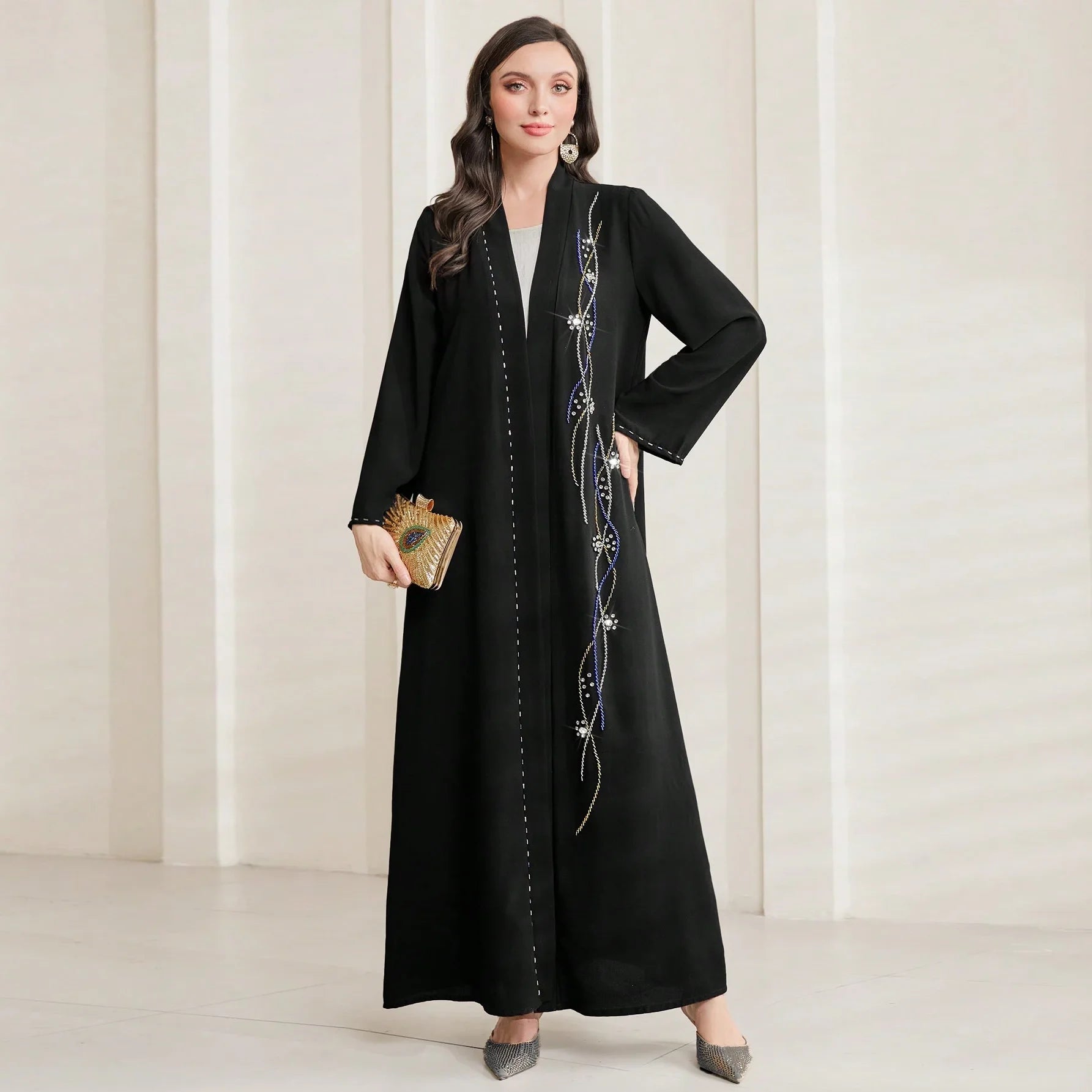 2024 Latest Design Front Open Kimono Fabric Open Abaya Dressdubai Muslim Cardigan Kimono