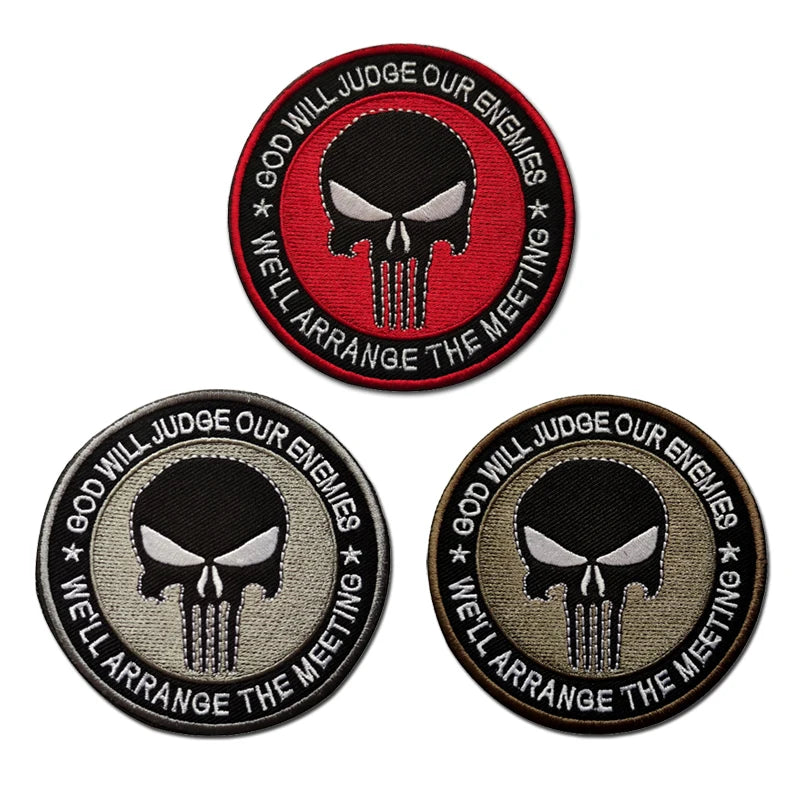 Hot Sale Embroidered Skull God Patch Will Judge Our Enemies Hook Loop for Clothes Sewing Soft Logo Decoration Iron-On Style