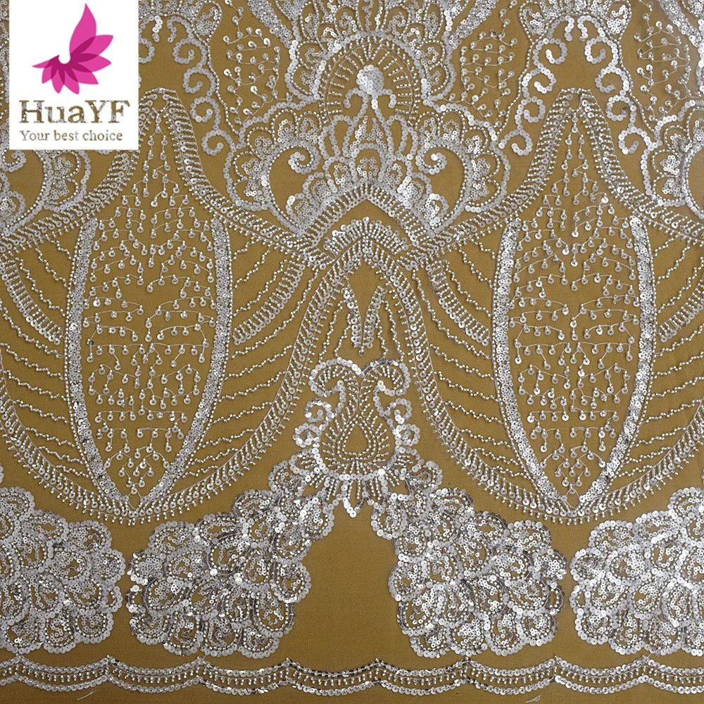 HY2559 Top High-end White Embroidered Lace Fabric Sequin Tulle Lace With Beads Wedding Dress Fabric