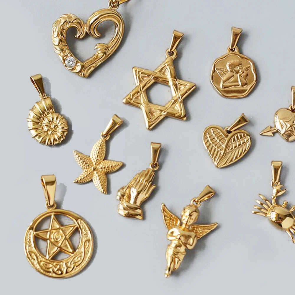 Religious Prayer Hand Little Angel wings Charm Hip Hop Titanium Steel Angel Pendants Starfish Jewelry love Heart Pendant