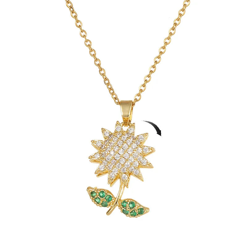 Rotating Spinner Sun Flower Pendant Necklaces 18K Gold Stainless Steel Chain Zircon Sunflower Spinning Necklace