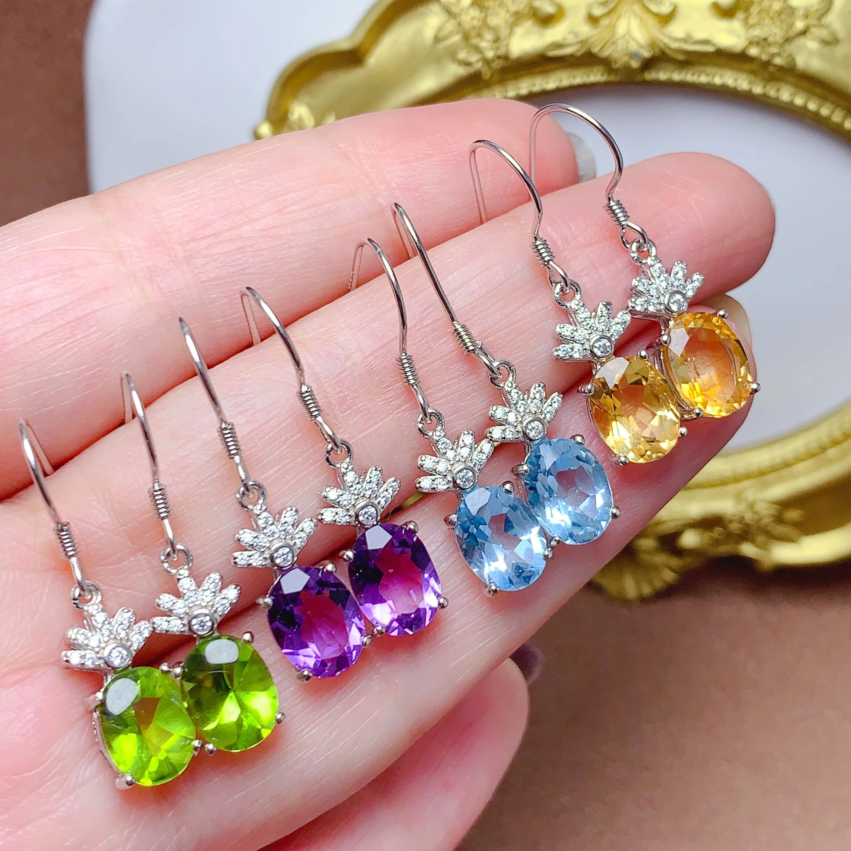 Factory Supply 925 Sterling Silver Clover Butterfly Stud Earrings 7mm*9mm Natural Gemstone Gold Plated Trendy for Party Gift