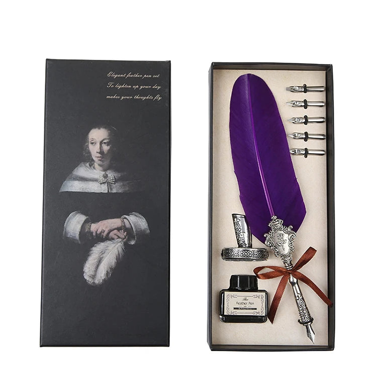 Decorative Classical Hardcover Journal Feather Quill Dip Pen Gift Set Calligraphy Fountain Pen with Nibbed Ink Bottle