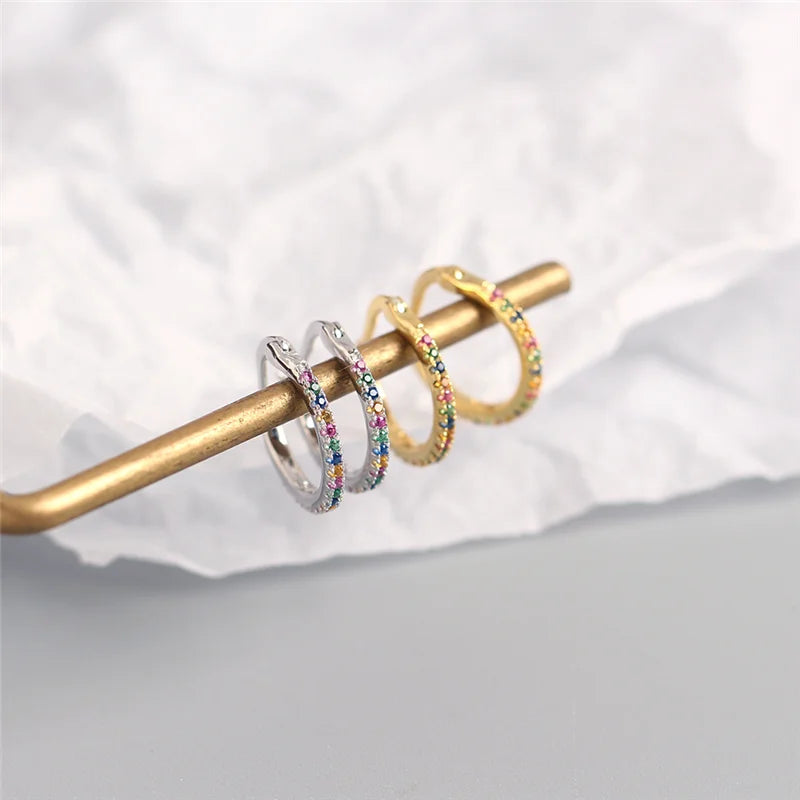 Luxury Genuine 925 Sterling Silver Pave Colorful Zircon Round Ear Buckle for Women Fashion Wedding Hoop Earring Jewelry