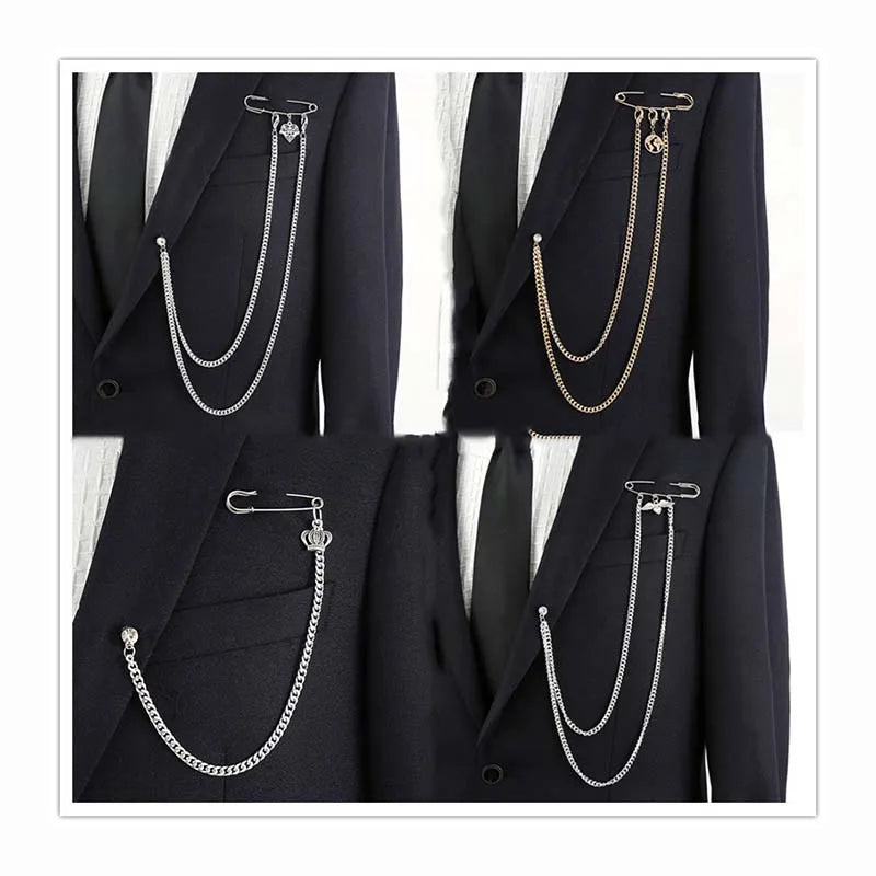 Retro Fashion Simple Designer Long Chain Safety Pins Exaggerated Mens Suit Accessories Gems Lapel Pin Brooches for blazer Tuxedo