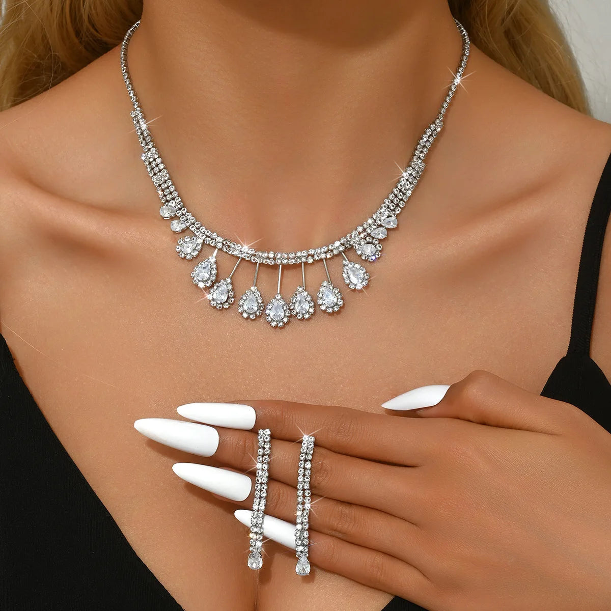 Exquisite Cross-Border Luxury Fashion Jewelry Sets Rhinestone Zircon Earrings Necklace Elegant Drop-Shaped Clavicle Chain Simple