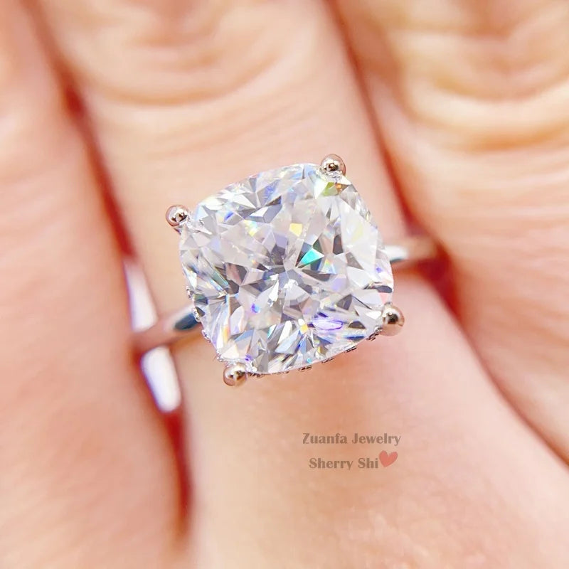 Stylish Drop Shipping Solid Silver White Gold 5.2 CT VVS Cushion Cut Diamond Moissanite Wedding RIng