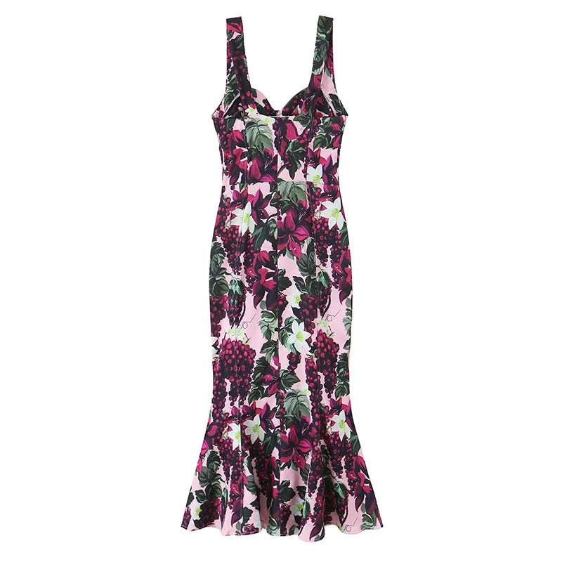 ZATRHMBM Summer Women's Wear 2025 New FasHion Wide Swing Printed Dress Retro Suspenders Elegant Female Midi Dress