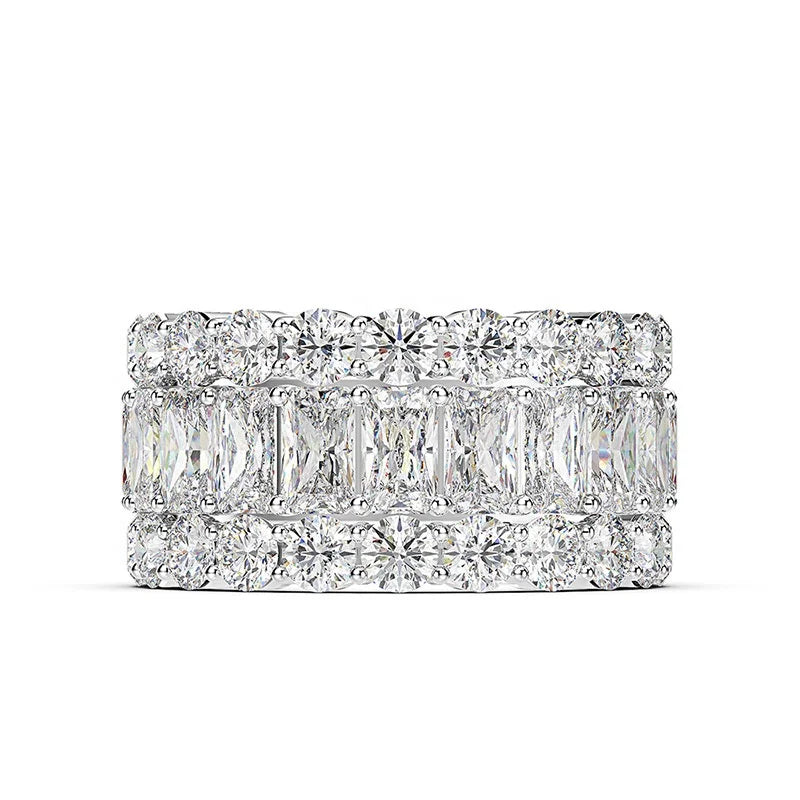 925 Sterling Silver Eternity Wedding Band Rings Rhodium Plated 5A ZIRCON Three Row Baguette for Parties