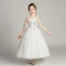 Children's Cute Sweet Autumn Chiffon Princess Wedding Dress Medium Sleeved Girls' Evening Dress
