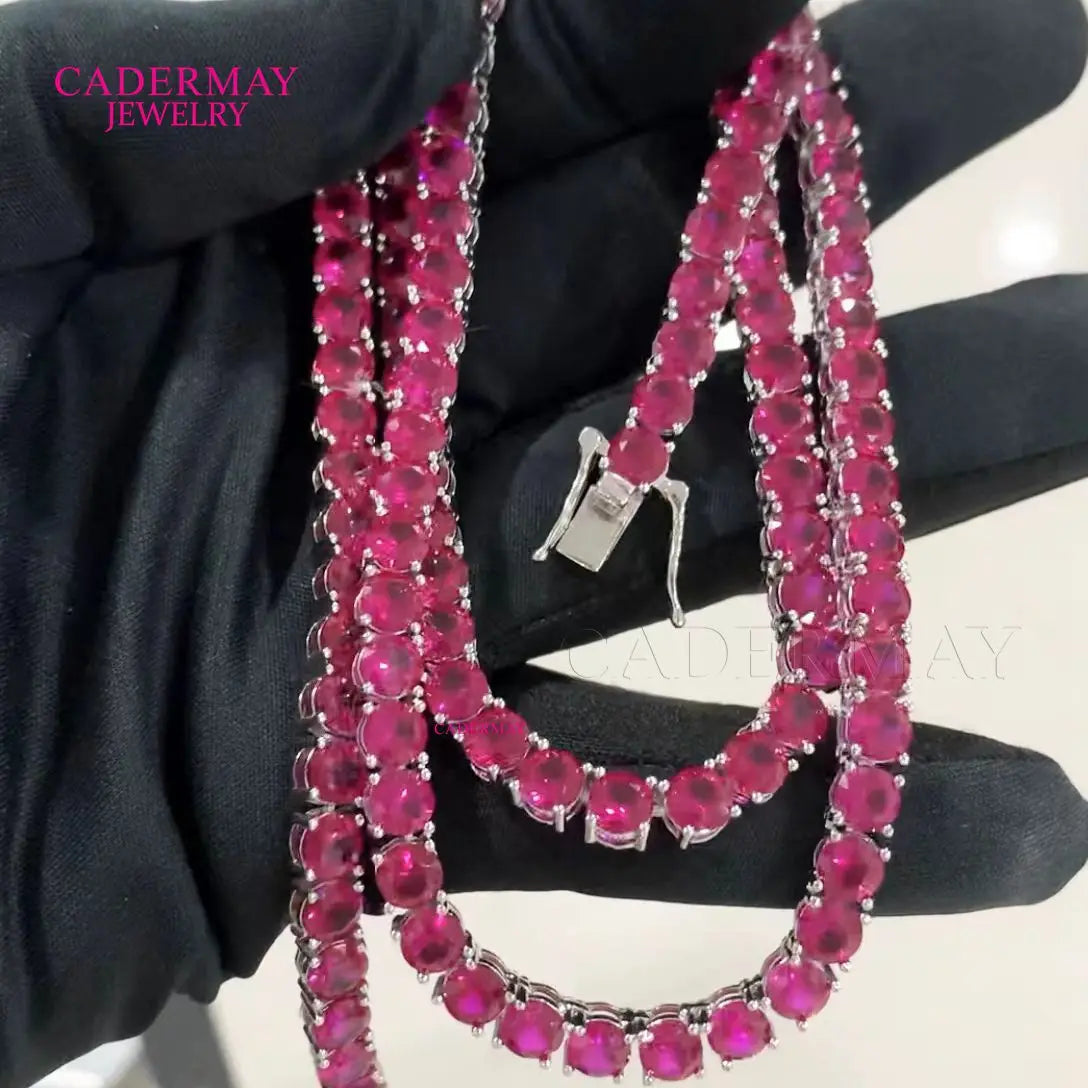 Lab Ruby Stones S925 Sterling Silver 5mm Trendy Hip Hop Jewelry  Diamond Tennis Bracelets Necklaces