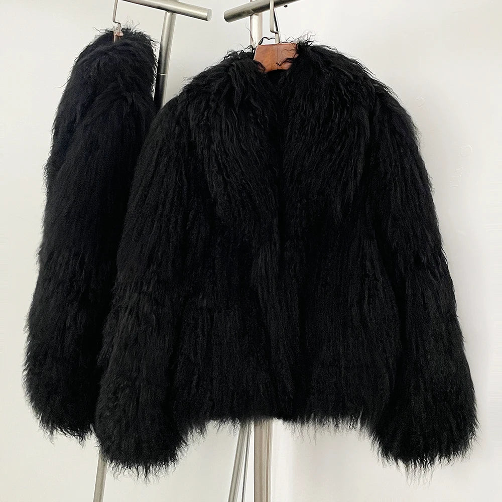 OFTBUY 2025 Winter Fashion Black Fur Coats 100% Fluffy Sheep Fur Coat Women Natural Mongolian Fur Coat Elegant Turn-down Collar