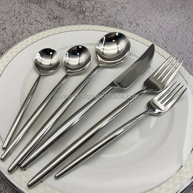 Light Luxury Silver 304 Stainless Steel Sustainable Modern Cutlery Set High Mirror Polish Smooth Handle Knife Fork Flatware