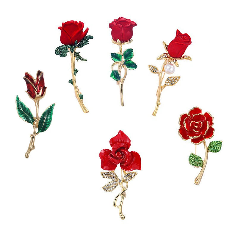 Elegant Women's Rhinestone Red Rose and Tulip Flower Brooch Alloy Lapel Pins and Wedding Party Badge for Gift Jewelry
