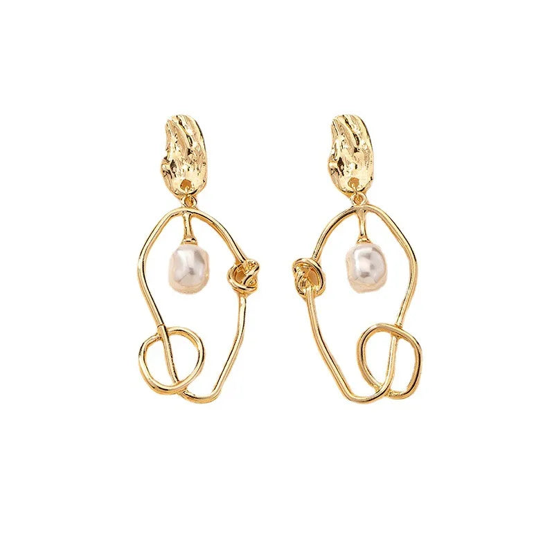 HOVANCI 18K Real Gold Plating Irregular Hollow Geometric Round Pendant Earrings Double Round Seawater Pearl Drop Earrings MegaBDM