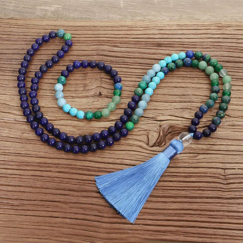 8mm Natural Stone Tibetan Prayer Beaded Necklace Set Tassel Sweater Chain Male 108 Stone Beads Yoga Long Necklace for Women