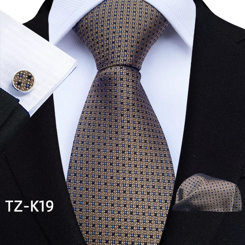 Fashion Men Business Brown Yellow Polyester Tie Set  Tie and Cufflink Gift Set Necktie With Handkerchief for Men Wedding