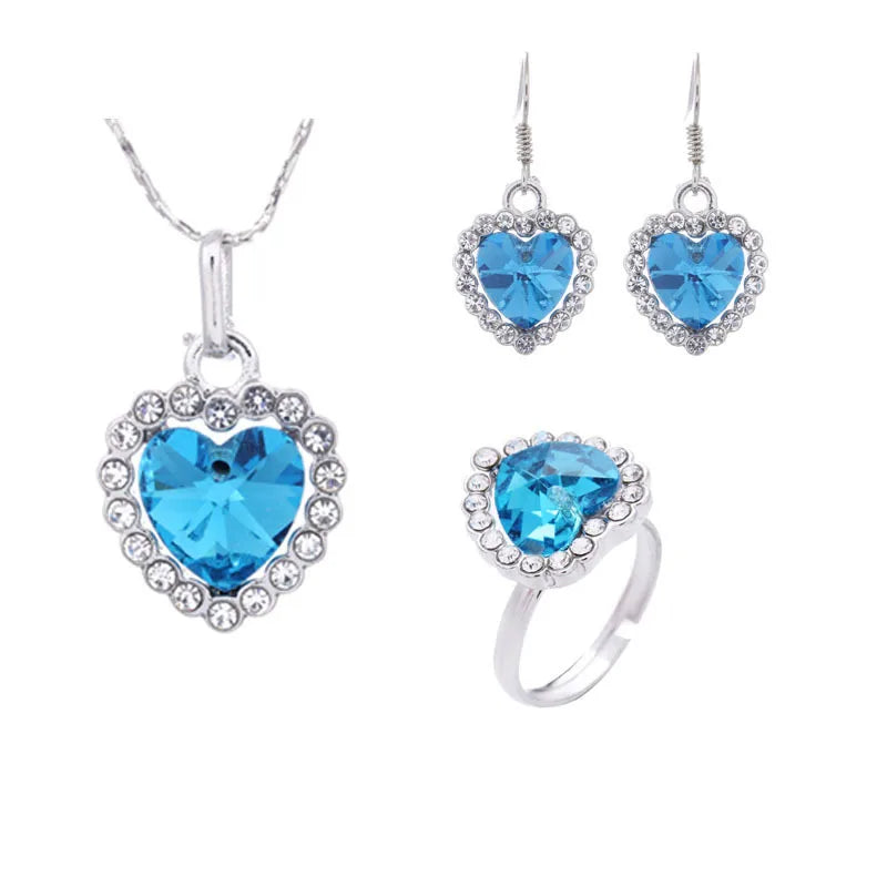 Titanic Heart of Ocean Necklaces for Women Peach Female Love Engagement Heart Blue Crystal Zircon Ring Jewelry Sets