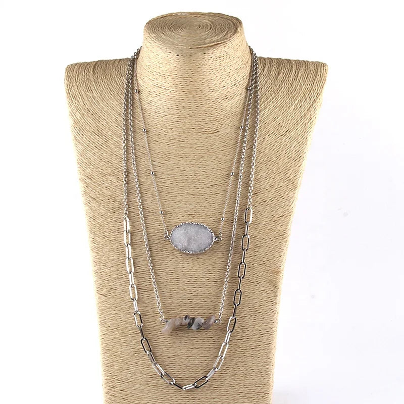 Fashion Tribal Jewelry 3 Layer Multiple Chain Natural Stone Pendant Gravel Necklaces Women Festival Gift