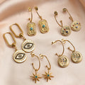Vintage Stainless Steel Earrings 14k Gold Plated Rhinestone Eyes Moon and Star Pendant Drop Earrings for Women