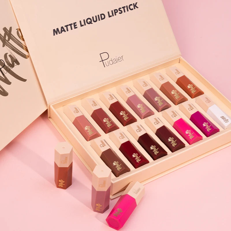 Pudaier Velvet Matte Liquid Lipstick Set 14 Colors Wholesale Cosmetics High Pigmented Waterproof Moisturizing Lipgloss Makeup