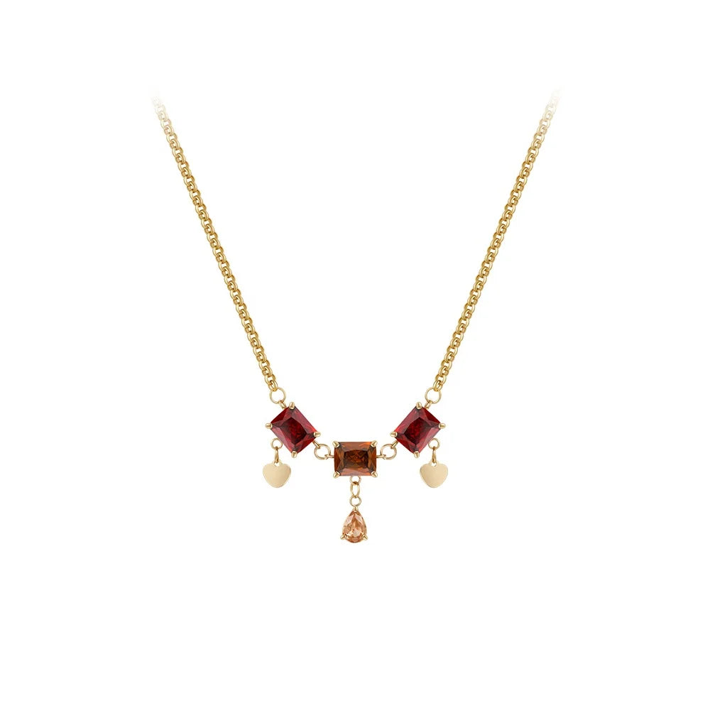 Waterproof 18K Gold Plated Stainless Steel Jewelry Red Square Zircon Charms WaterDrop Crystal Heart Pendant Necklace P233389